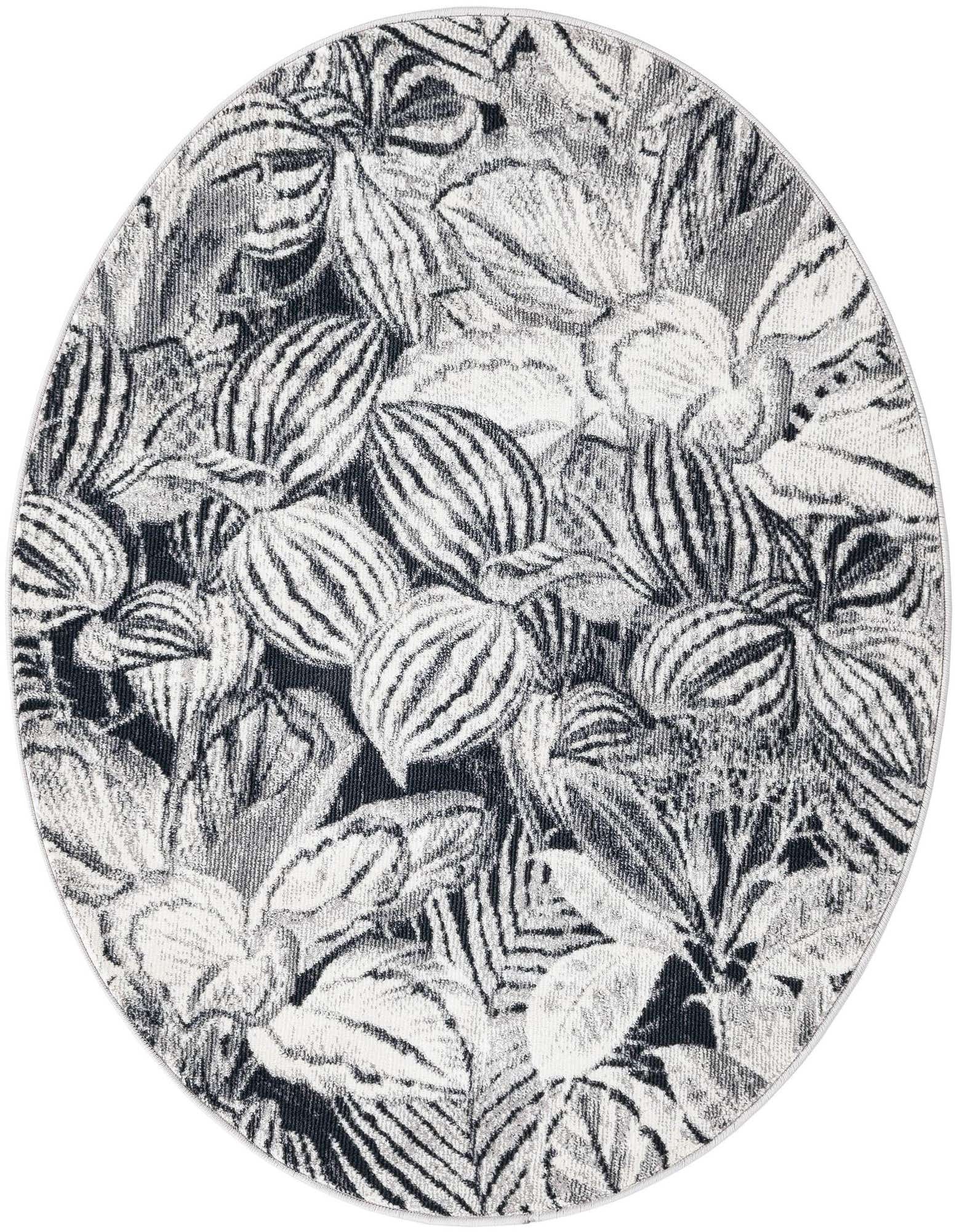 A round, thin black and white rug featuring a modern botanical pattern of various leaves, ideal for indoor spaces.