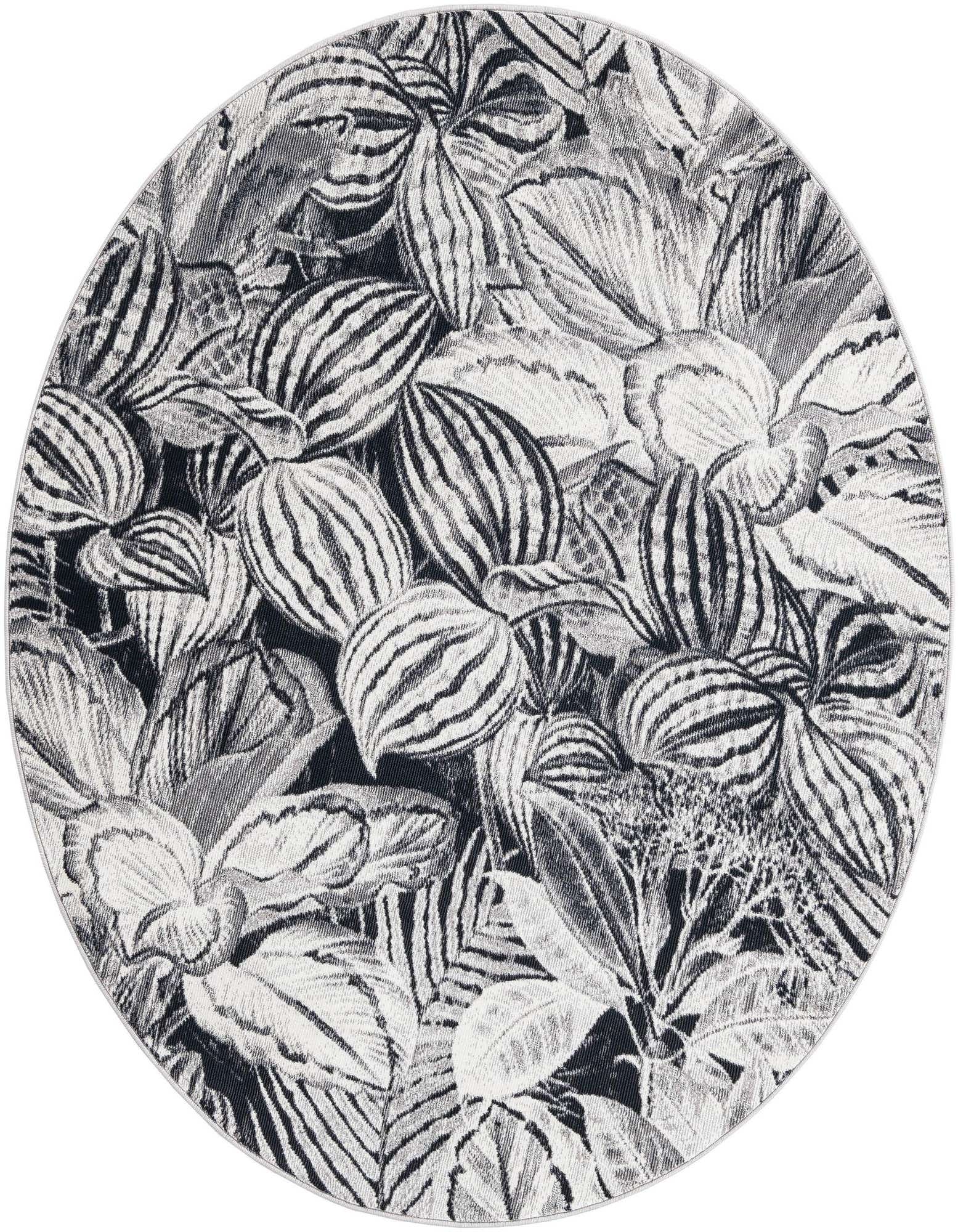 A 5'3" round rug featuring a dense, modern botanical pattern in black, gray, and silver tones.