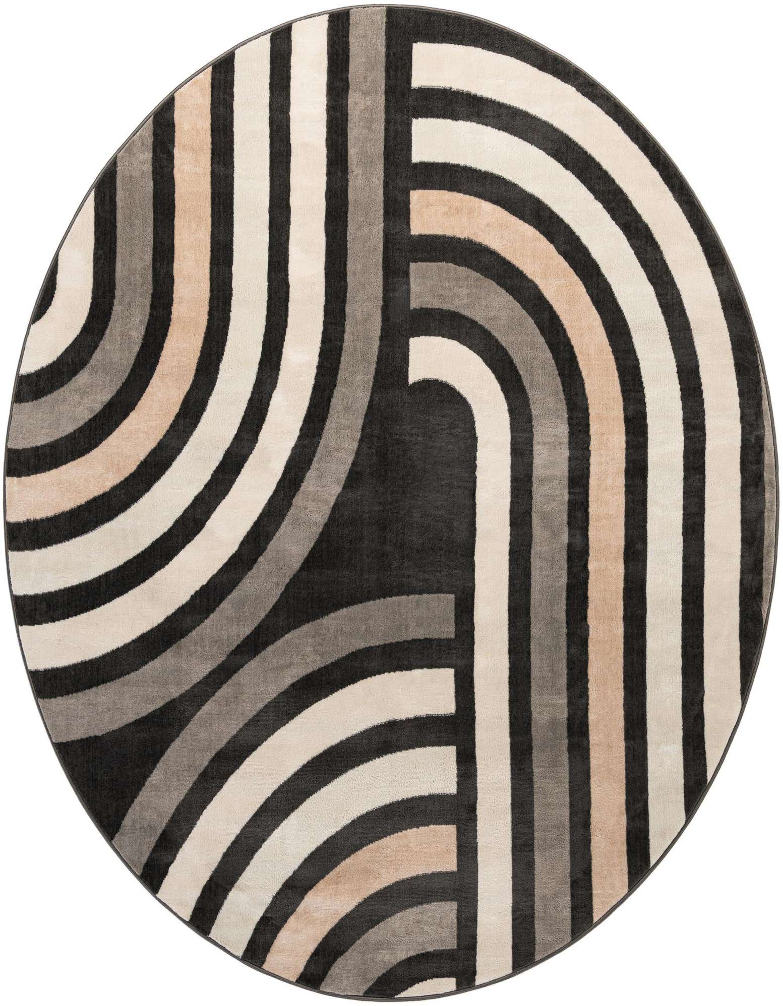 A round Charlotte rug featuring a modern abstract pattern of thick, curved stripes in black, gray, silver, and beige.