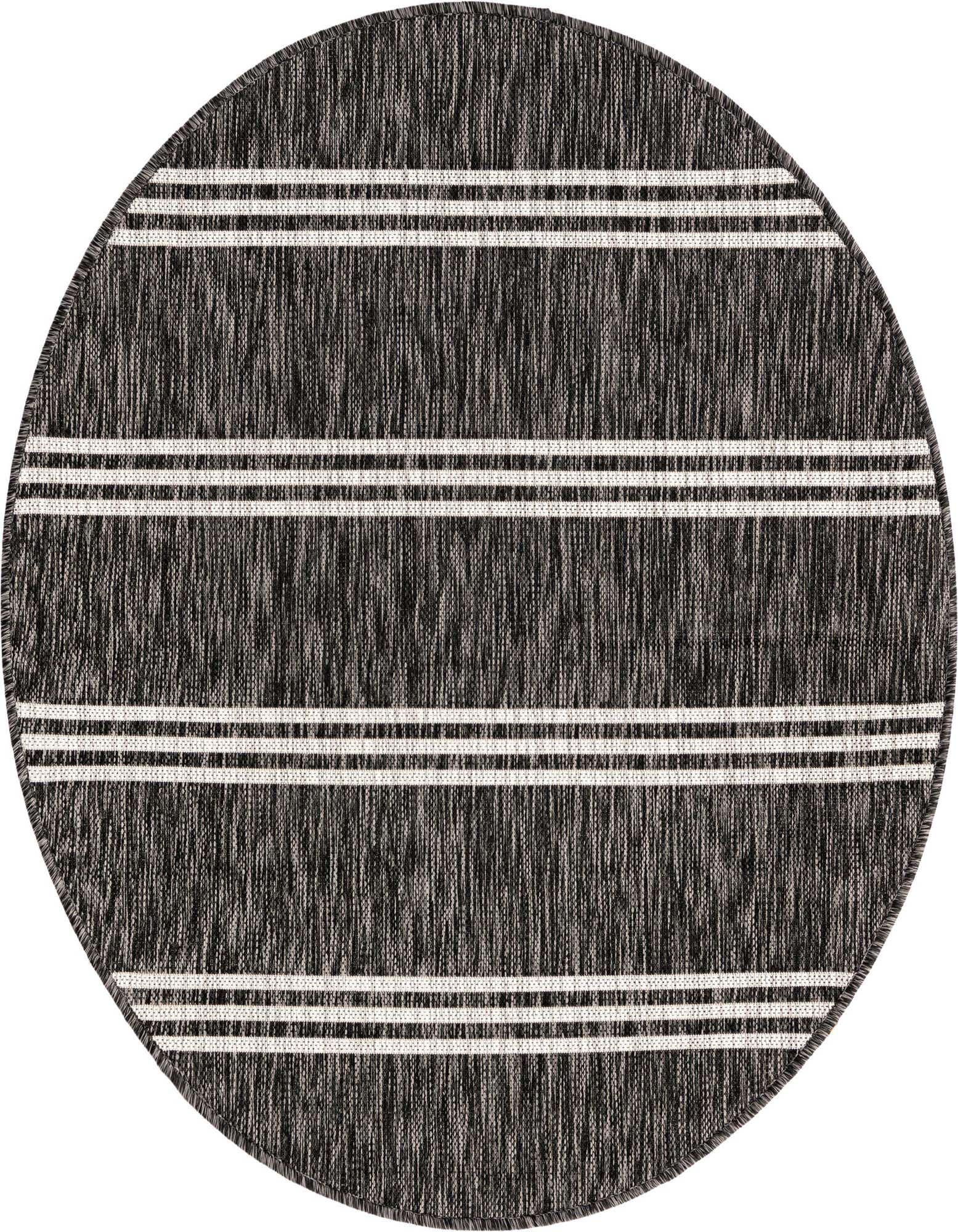 A 4' round black and gray striped flatweave rug with white horizontal bands, suitable for indoor or outdoor use.