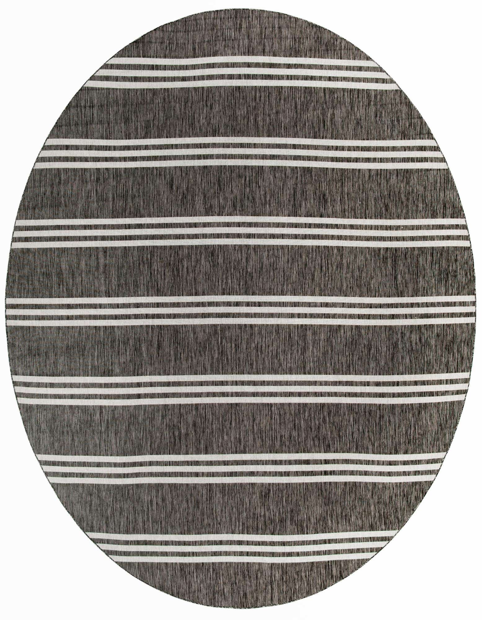 A 13-foot round black and gray striped indoor/outdoor rug with white horizontal lines, suitable for a patio.