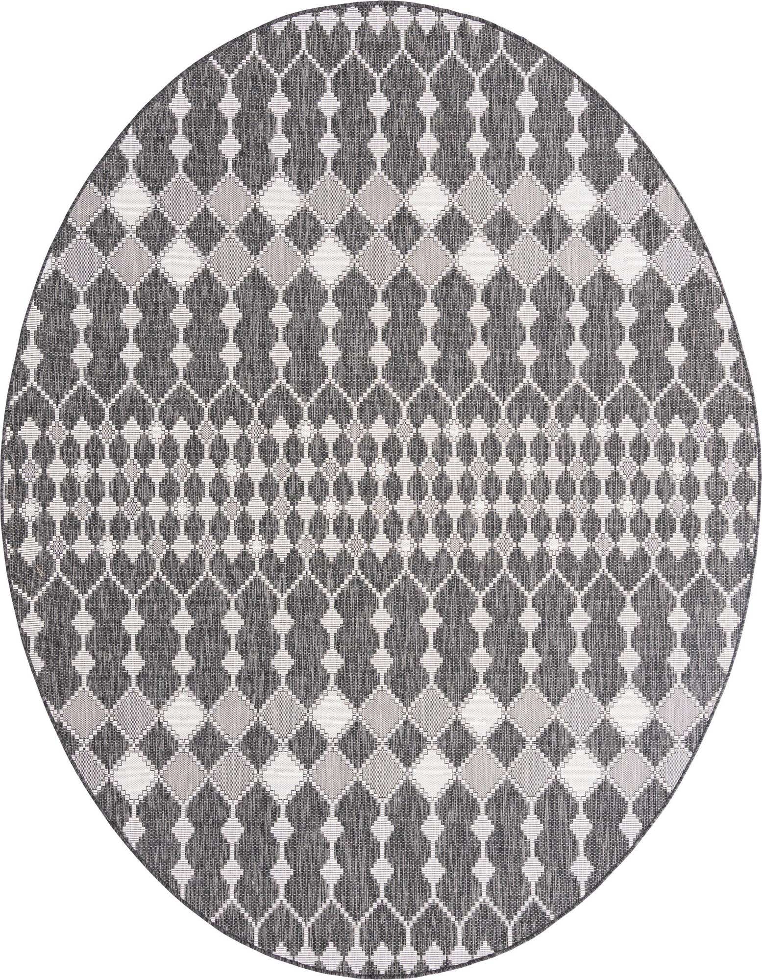 A 10-foot round black and gray outdoor rug with a modern trellis pattern, ideal for a patio.