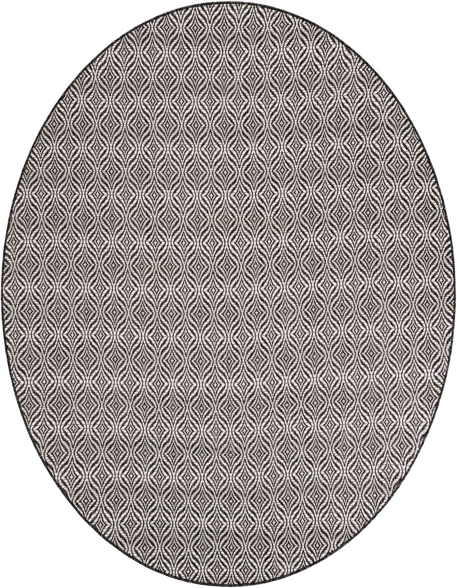 A round, black and white modern trellis rug with a flatweave texture, suitable for indoor or outdoor use.