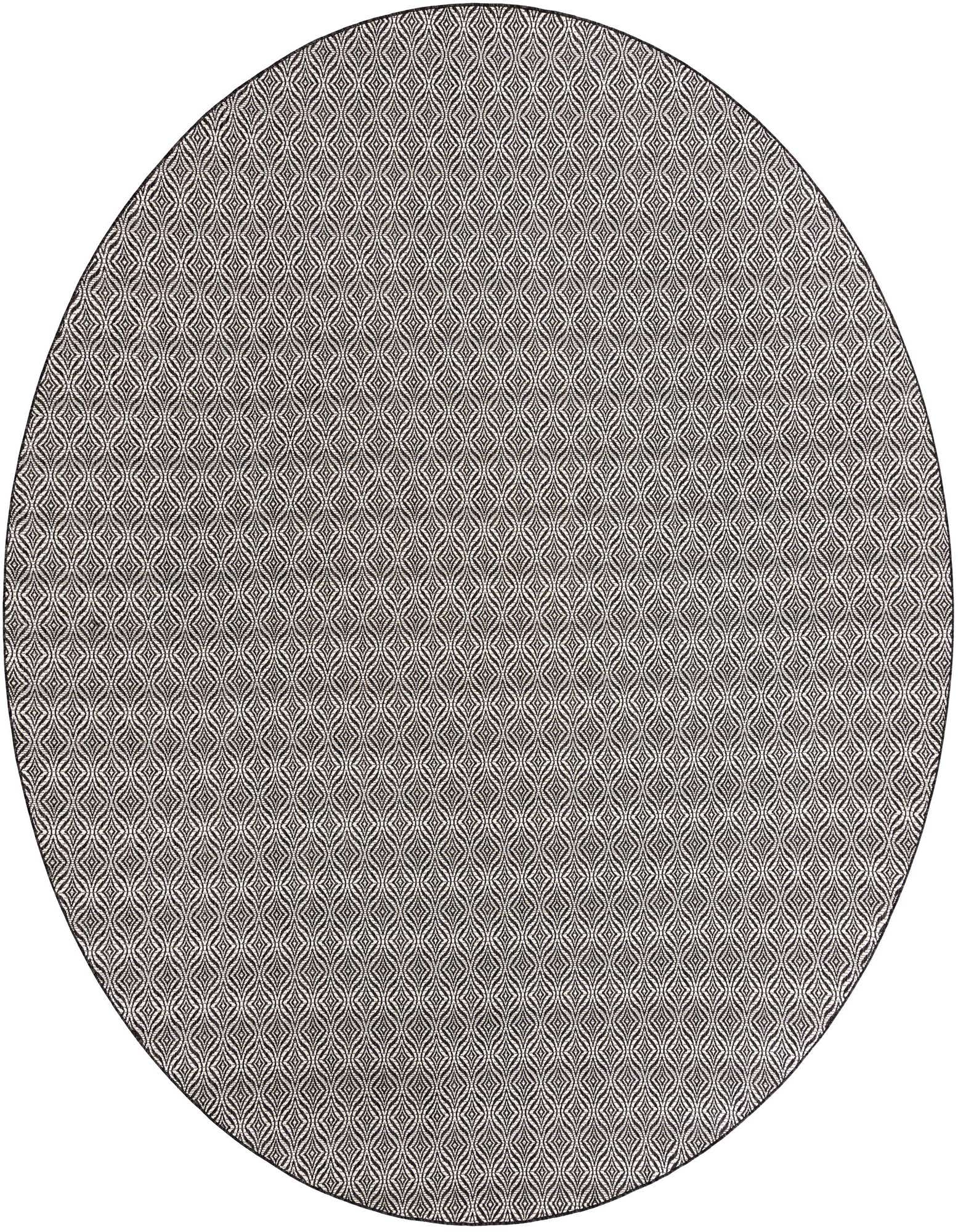 A 13' round black and gray modern trellis pattern rug, suitable for indoor or outdoor spaces like a patio.