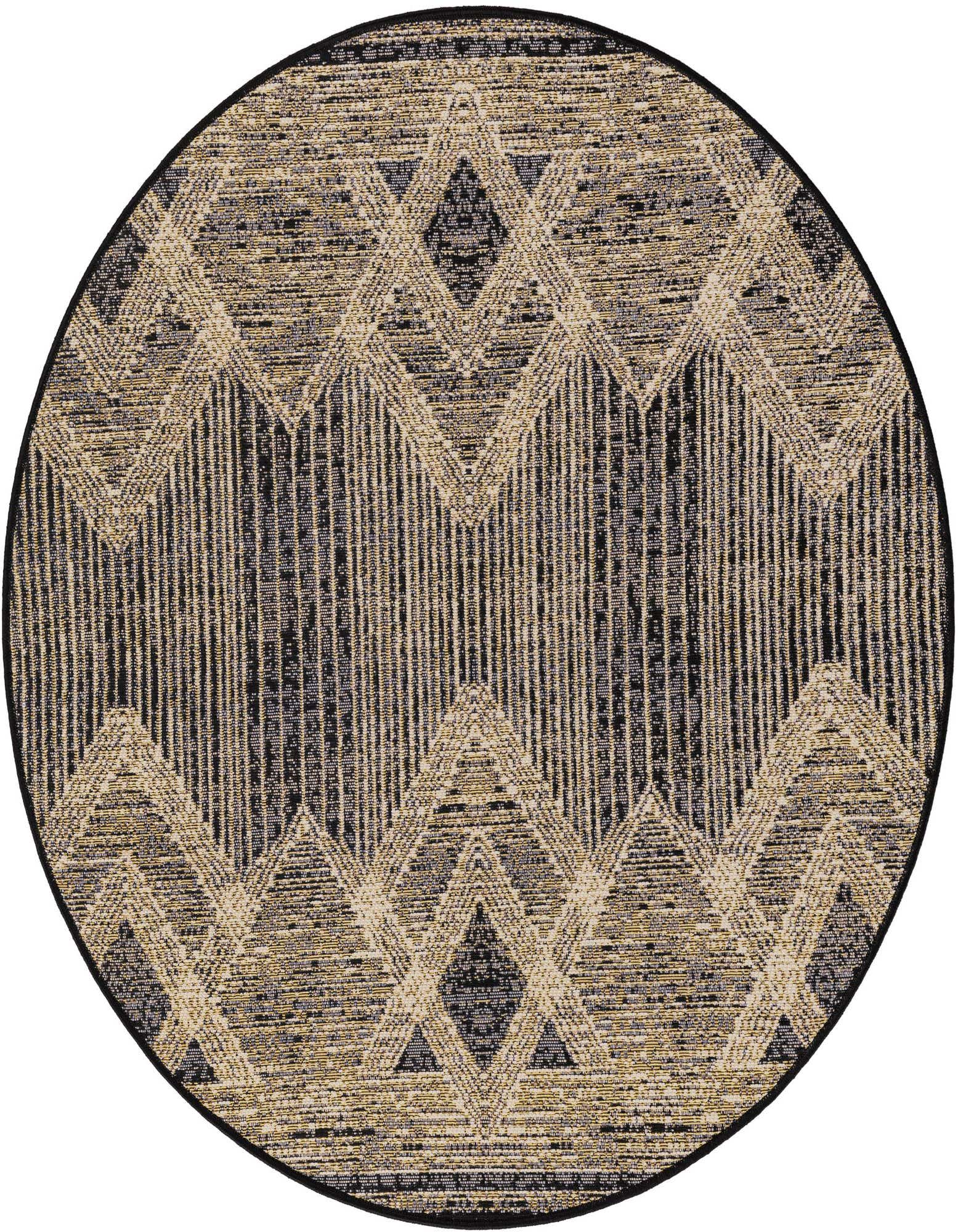 A 4' round black and gray modern outdoor rug with a textured geometric stripe pattern.