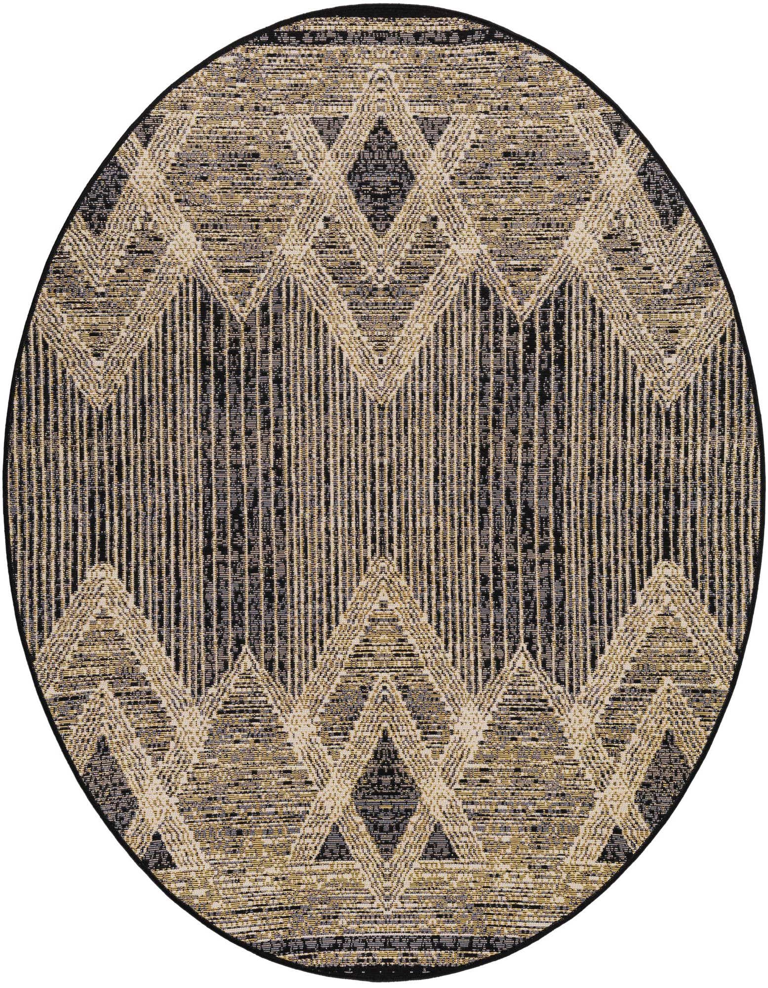 A round 5' 0 x 5' 0 black and gray modern outdoor rug with a textured geometric stripe pattern.