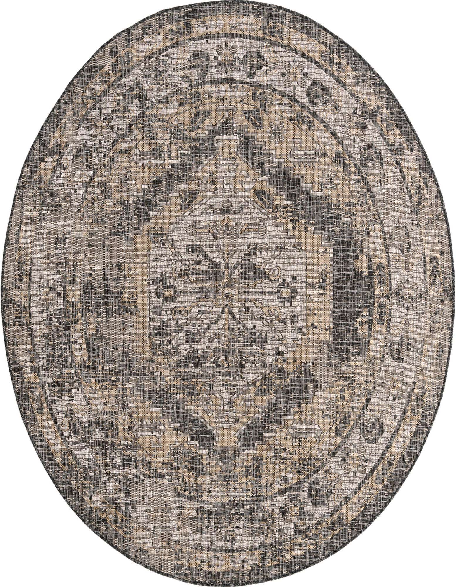A 7' 10" round Rugs.com Outdoor Traditional rug featuring a distressed Southwestern pattern in black and gray tones, suitable for a patio.