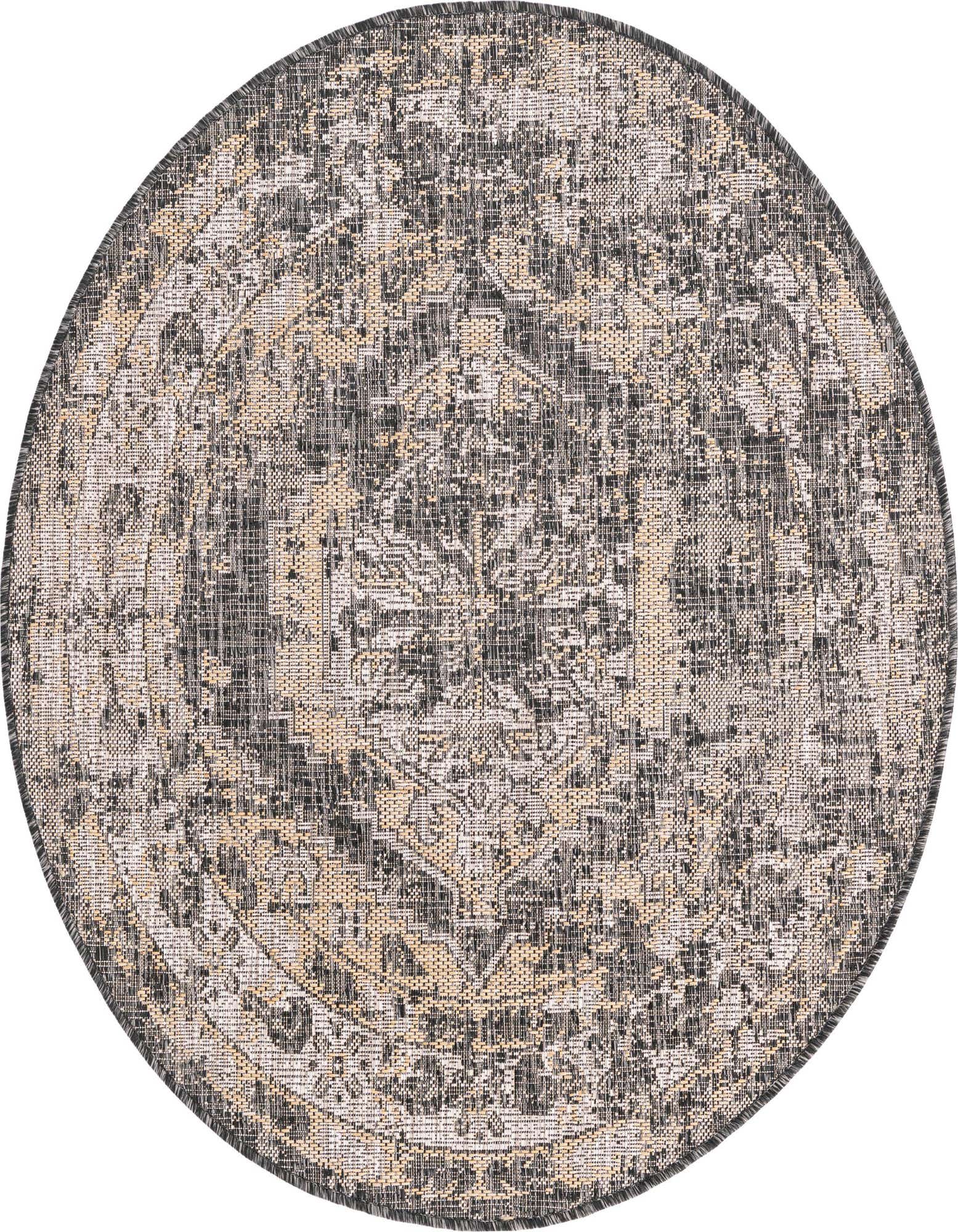 A 4' round black and gray Southwestern style rug with a distressed traditional pattern, suitable for indoor or outdoor use.