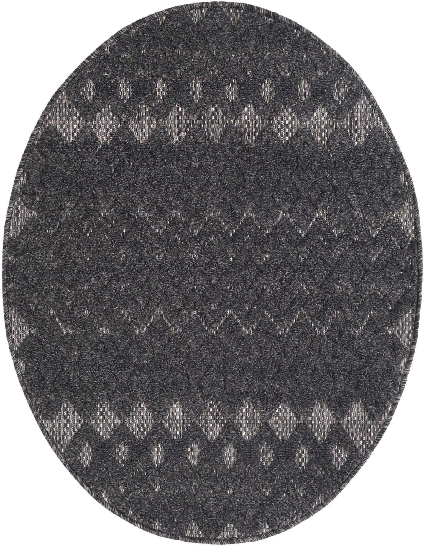 A round 3' black and gray tribal trellis rug with a textured high-low pile, suitable for indoor or outdoor use.
