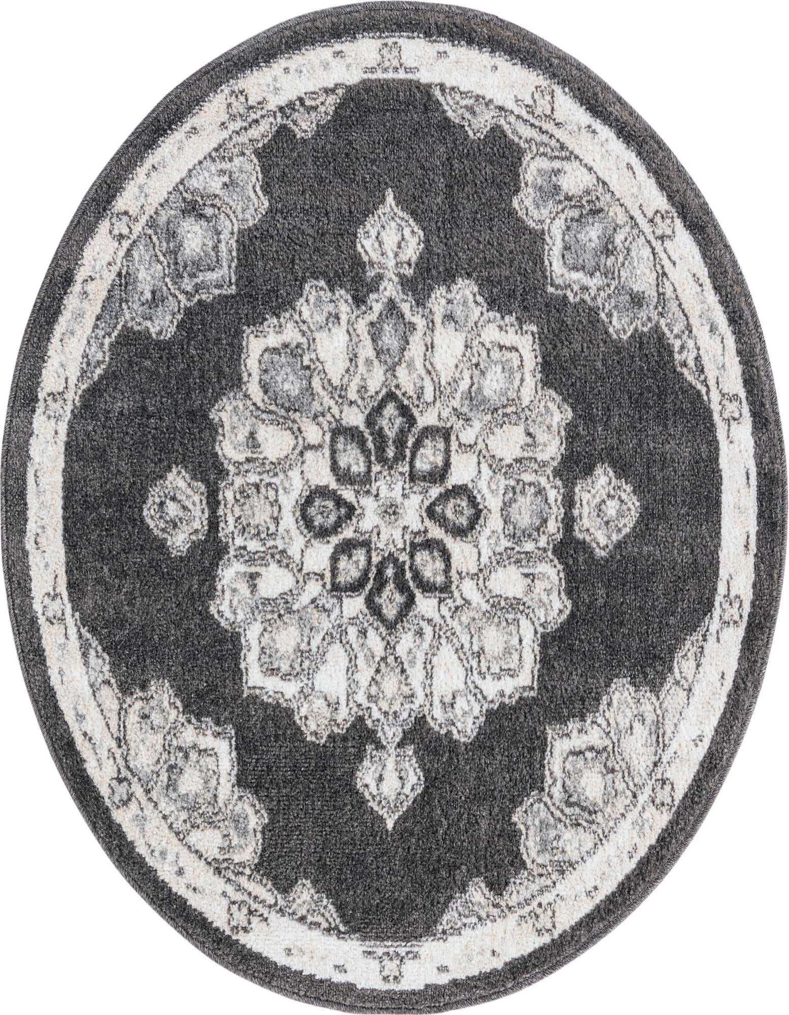 A 3' 3 round black and gray traditional medallion rug with a vintage pattern and thin pile.