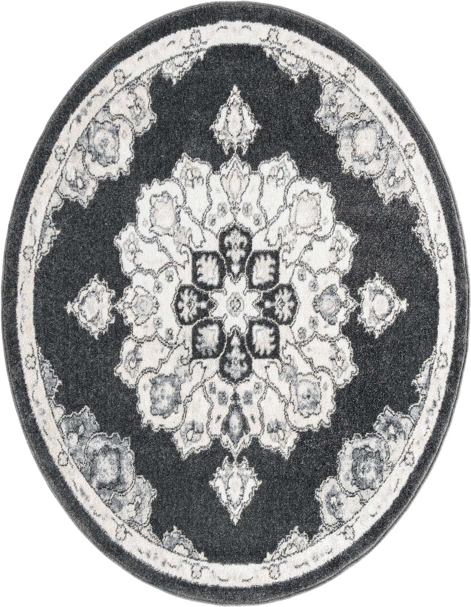 A 5' round black and gray traditional medallion rug with a vintage-inspired pattern, ideal for indoor spaces.