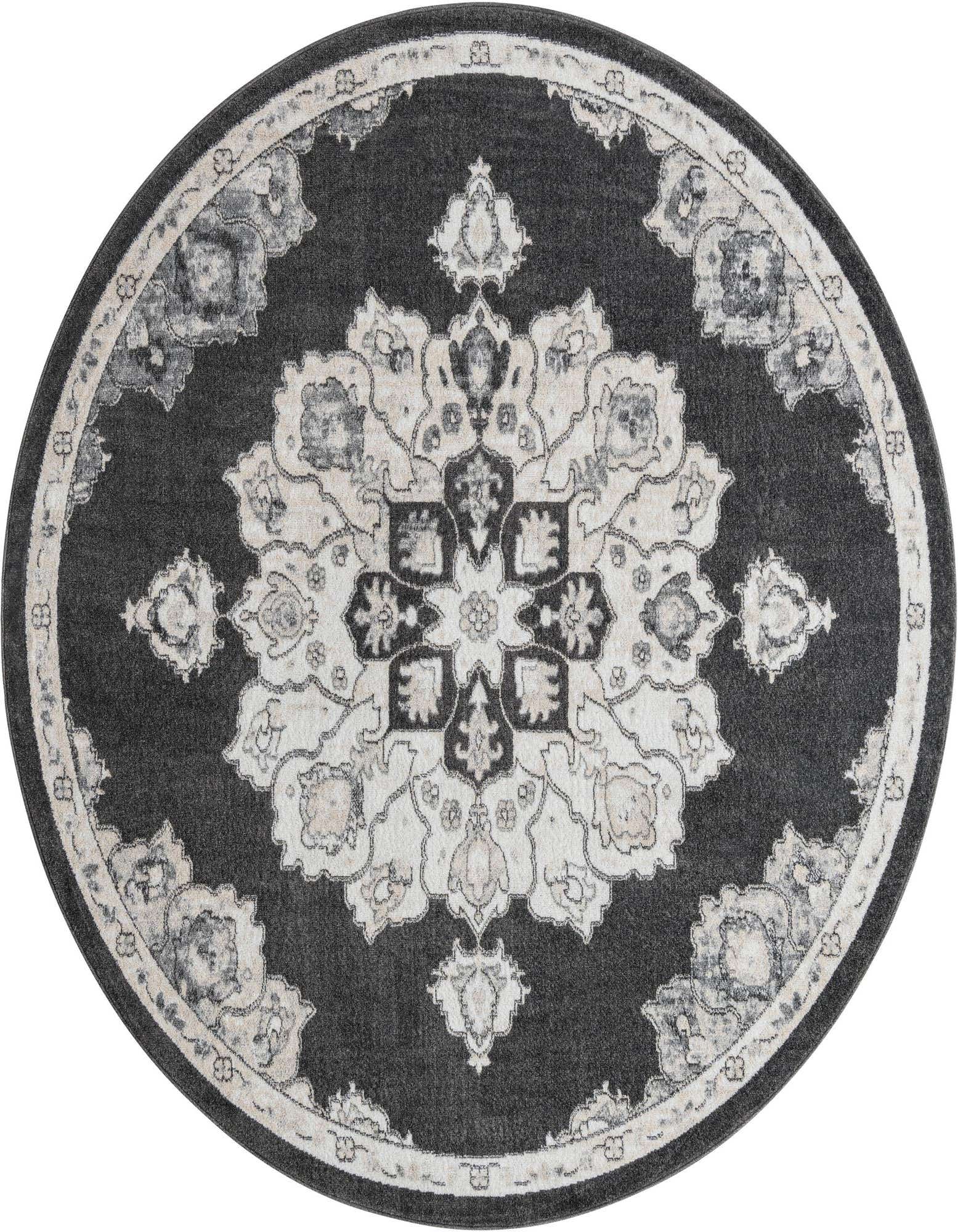 A 7' 10 round black and gray traditional medallion rug with a vintage pattern.