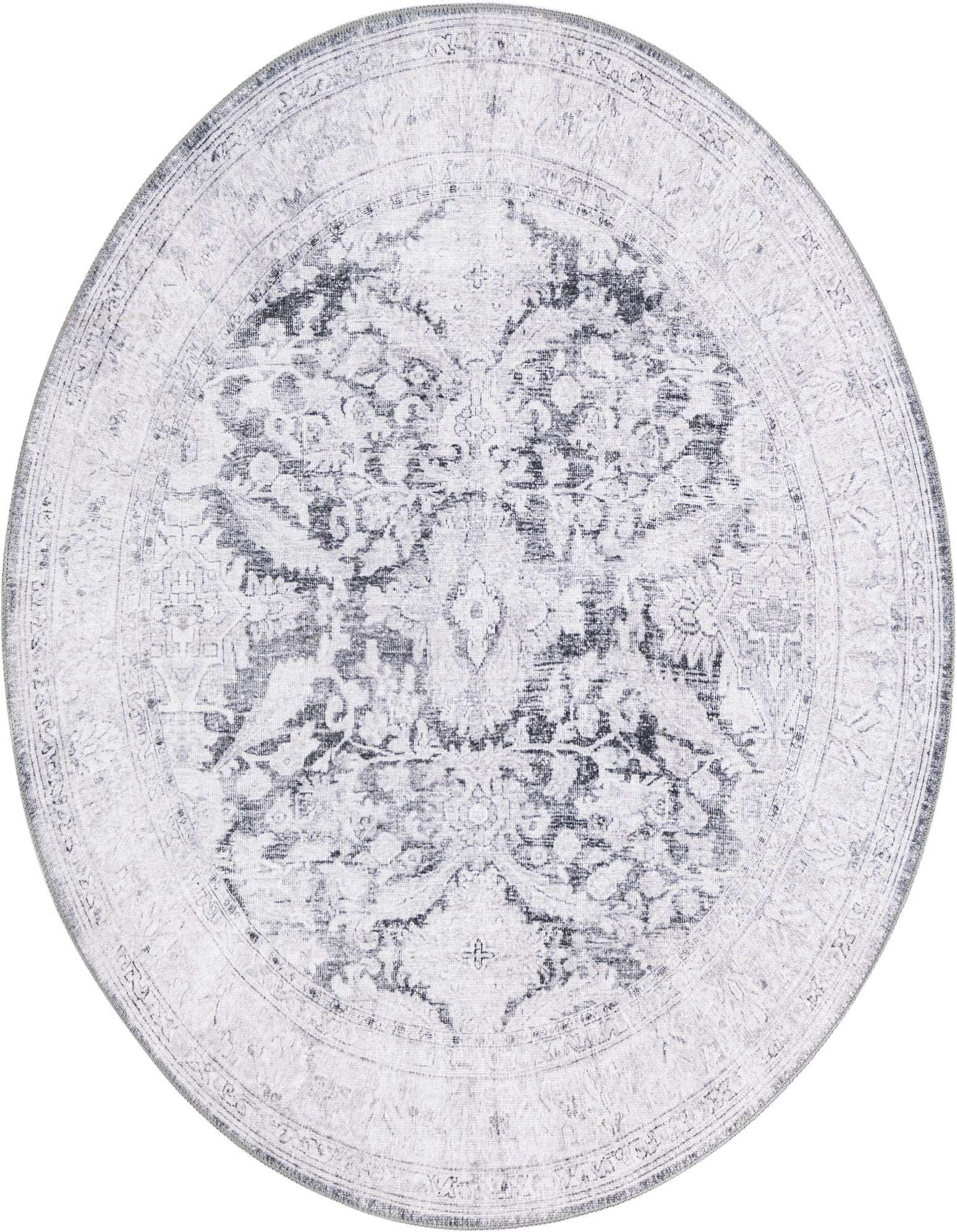 A 5' round black and gray distressed traditional area rug with a vintage medallion pattern and border.
