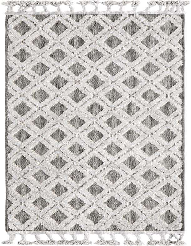 A 6 ft runner rug from the Arlo collection, featuring a modern abstract diamond pattern in black and gray with high/low textured pile and decorative tassels.