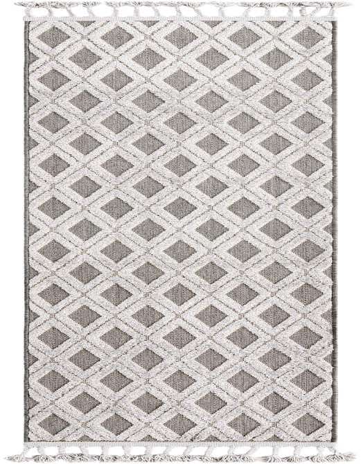 A gray and white 8 ft runner rug with a modern abstract diamond pattern and decorative tassels on both ends.