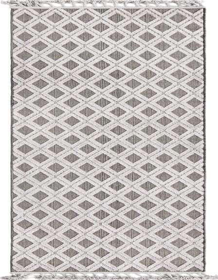 A 12 ft Arlo runner rug in black and gray with a modern abstract diamond pattern and tassels.