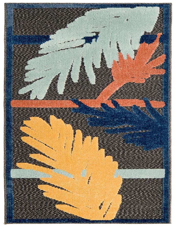 A 6 ft runner rug with a dark gray background and a bold, abstract botanical pattern in light blue, orange, yellow, and deep blue, bordered by a solid blue stripe.