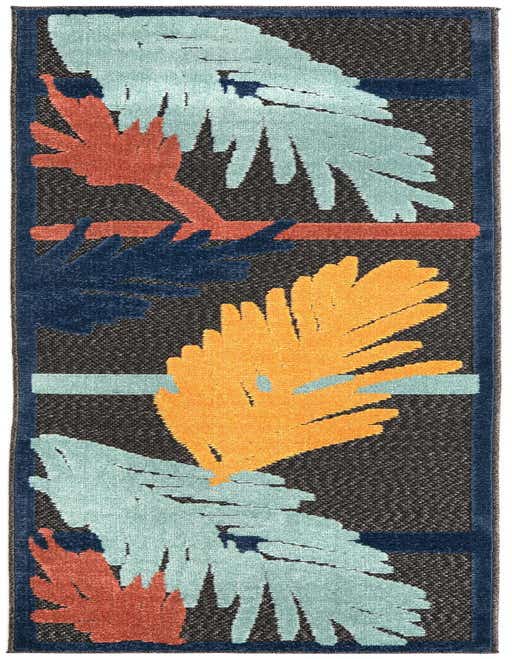 A black runner rug with large abstract botanical leaves in teal, orange, and navy, suitable for a hallway or patio.
