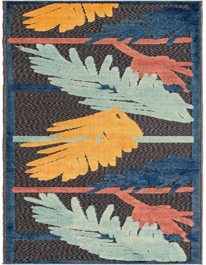 A 10 ft runner rug with a black and gray textured background, featuring large abstract botanical leaves in teal, orange, and coral, bordered by dark blue.