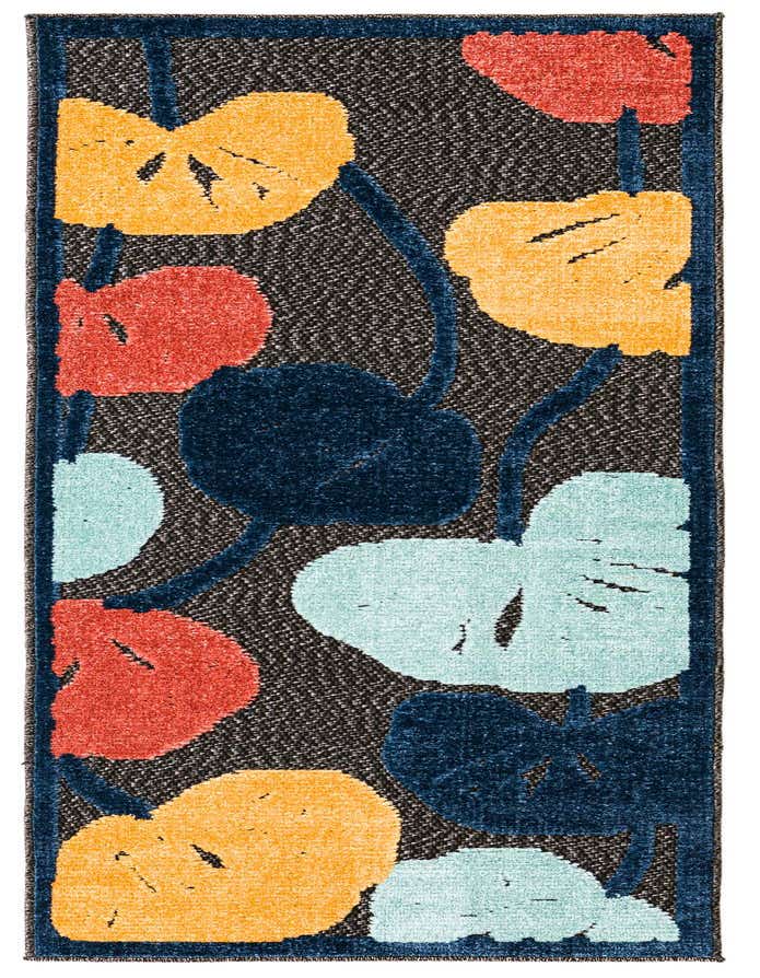 A 6 ft runner rug with a dark gray background and a modern botanical pattern of large leaves in coral, yellow, and light blue, with dark blue stems and border.