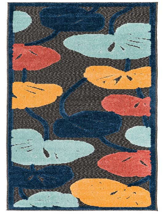 A black runner rug with a modern botanical pattern featuring large, colorful leaves in shades of blue, teal, orange, and red, ideal for a hallway or patio.