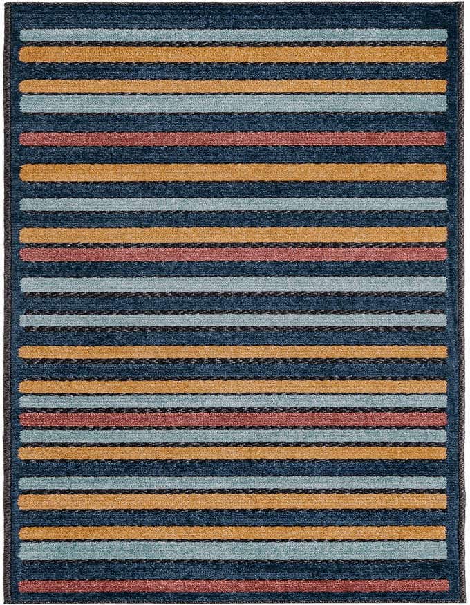 A 6 ft runner rug featuring a modern striped pattern in shades of blue, teal, orange, and red, with black textured lines, suitable for a hallway or patio.