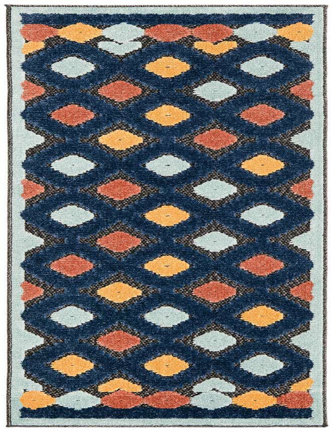 A 6 ft runner rug with a black and gray trellis pattern, accented with light blue, orange, and yellow diamond shapes, perfect for a hallway or patio.