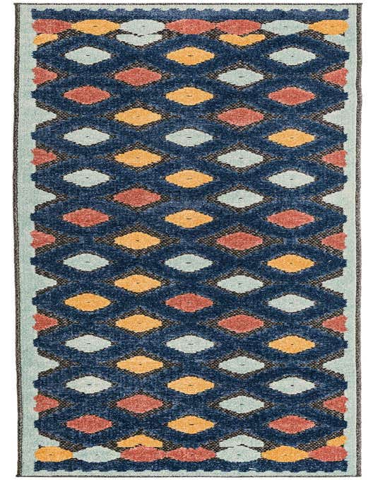 A vibrant 8 ft runner rug featuring a dark blue trellis pattern with colorful diamond shapes in orange, light blue, and yellow, set against a light blue border.