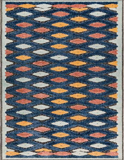 A 10 ft runner rug featuring a textured trellis pattern in black, gray, orange, and light blue, ideal for a hallway or patio.