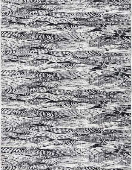 A 12 ft runner rug from the Blossom collection featuring a modern botanical pattern in black and gray tones.