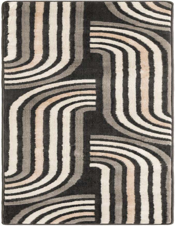 A 6 ft runner rug with a modern geometric pattern in black, gray, silver, and beige curved stripes.