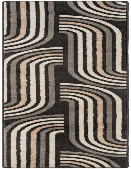 A modern 8 ft runner rug with a bold abstract pattern of curved and straight lines in black, gray, silver, and beige.