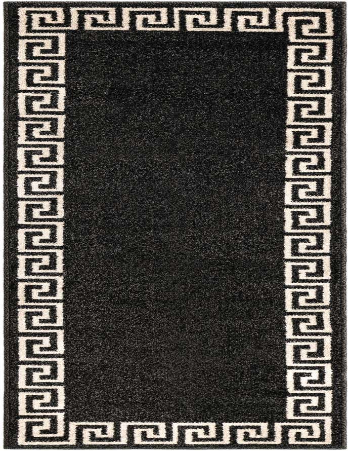A 6 ft runner rug with a dark gray and black speckled field, framed by a cream Greek key border.
