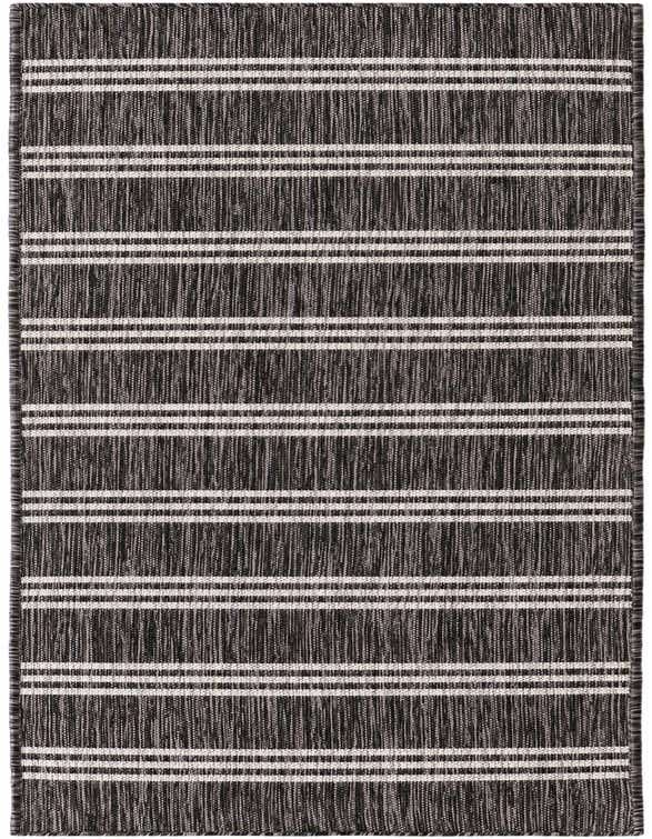 A 7 ft runner rug with a textured black and gray striped pattern, featuring thin white horizontal lines, suitable for hallways or patios.