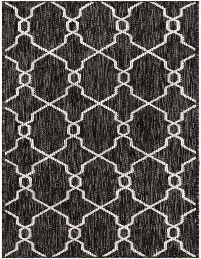 A 6 ft runner rug with a black and gray textured background featuring a repeating white geometric lattice pattern.