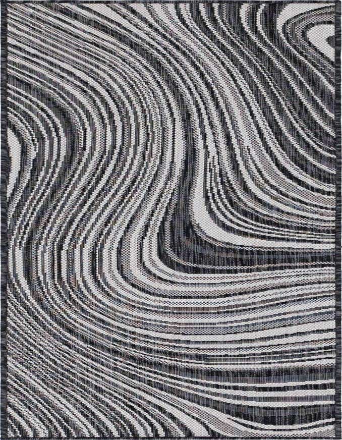 A 6 ft runner rug with a modern, swirling abstract pattern in black, gray, and white, suitable for indoor/outdoor use.