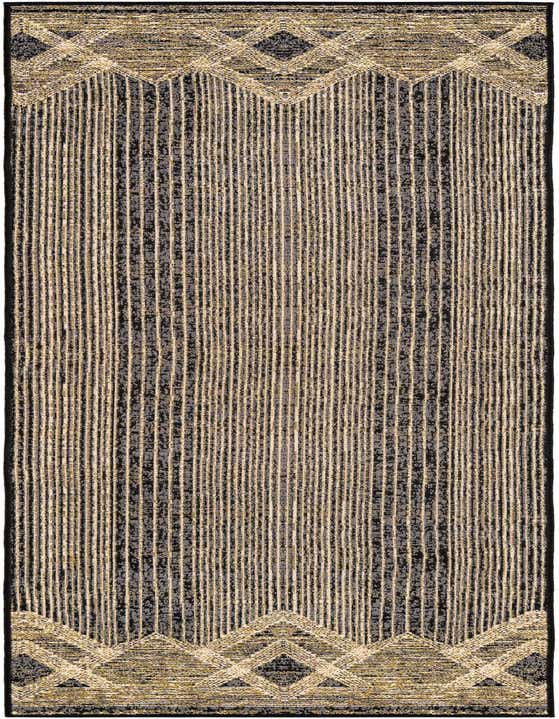 A 10 ft runner rug featuring a modern stripe pattern in black, gray, and silver, with geometric diamond borders.