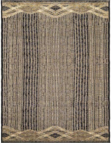 A 12 ft black and gold modern stripe runner rug with geometric patterns at each end, ideal for hallways or outdoor patios.