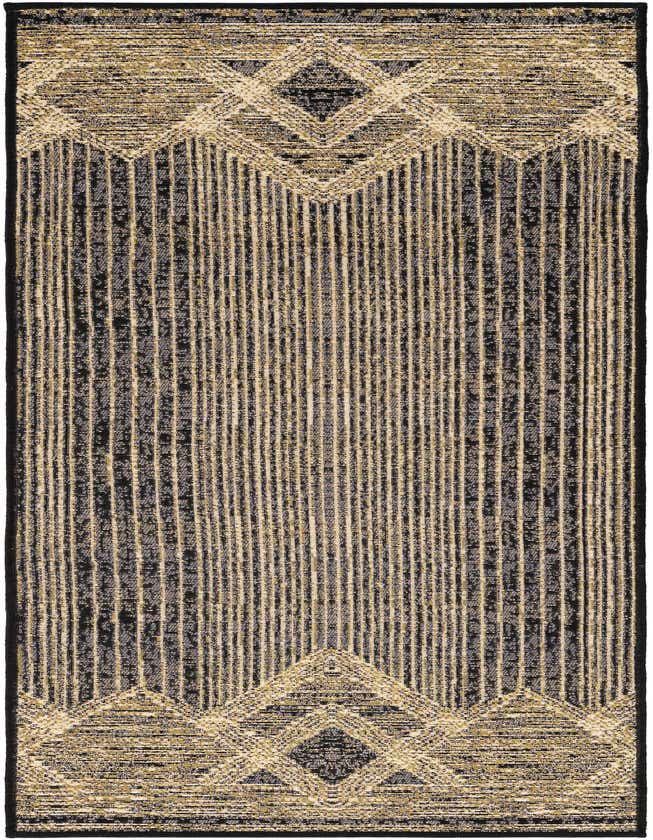 A 6 ft runner rug featuring a modern stripe pattern in black and gray with light gold accents, ideal for a hallway or patio.