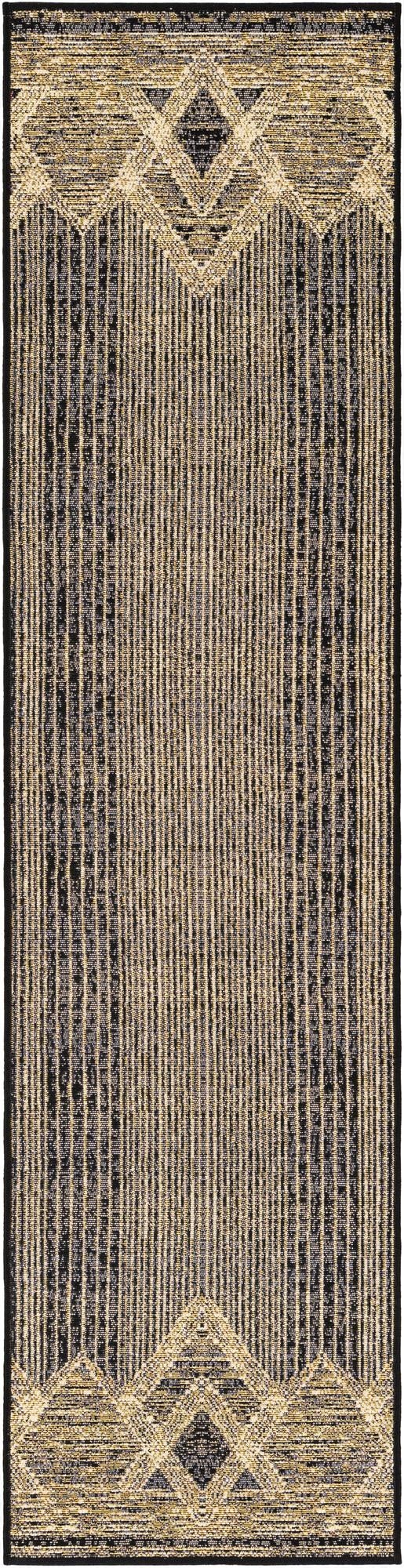 A black and gold striped runner rug with a modern geometric pattern at each end, suitable for a hallway or patio.