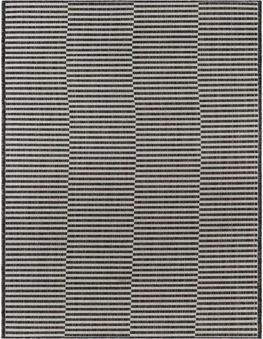 A 10 ft runner rug featuring a modern black and gray striped pattern, ideal for hallways or outdoor patios.