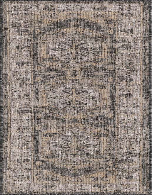 An 8 ft runner rug featuring a distressed Southwestern pattern in black, gray, and beige, suitable for indoor/outdoor use.