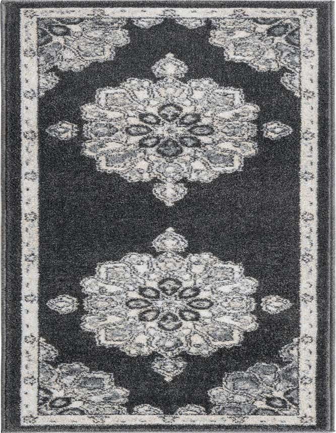 A 6 ft runner rug from the Parker collection, featuring a black background with gray and silver traditional medallion patterns and a decorative border.