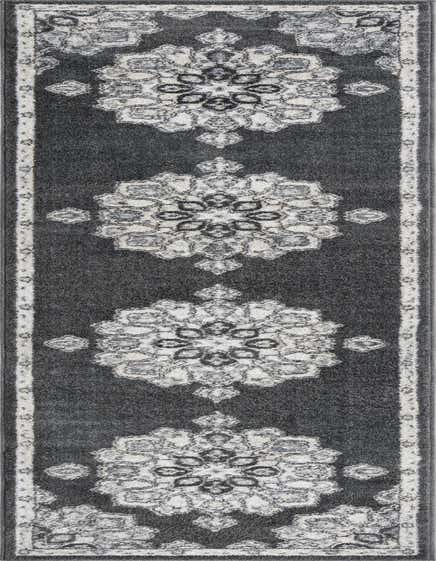 A 12 ft black and gray traditional runner rug with vintage medallion patterns, ideal for hallways.
