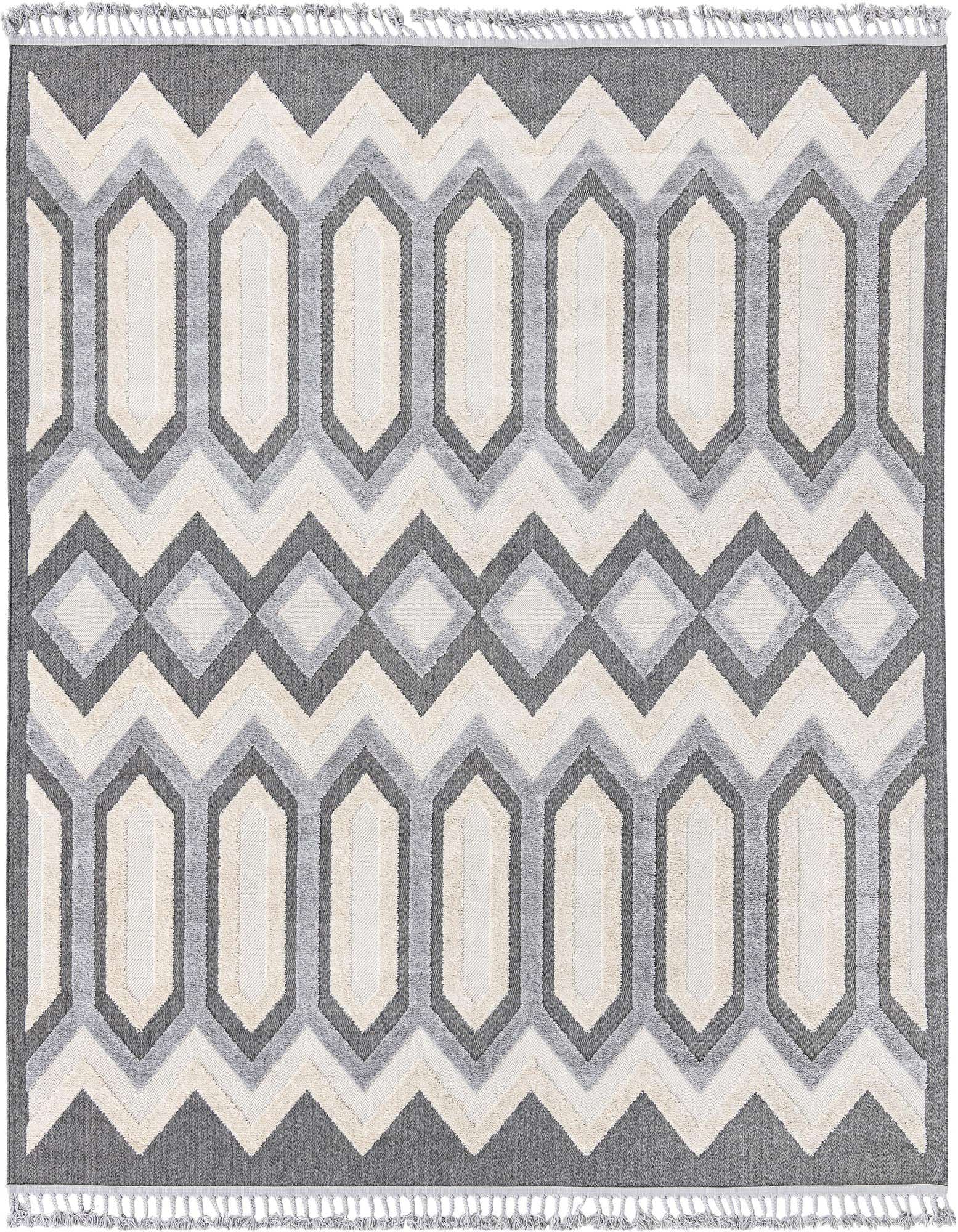 A 9' 10 x 9' 10 square Arlo rug featuring a modern tribal pattern in shades of black, gray, and cream with a textured high/low pile.
