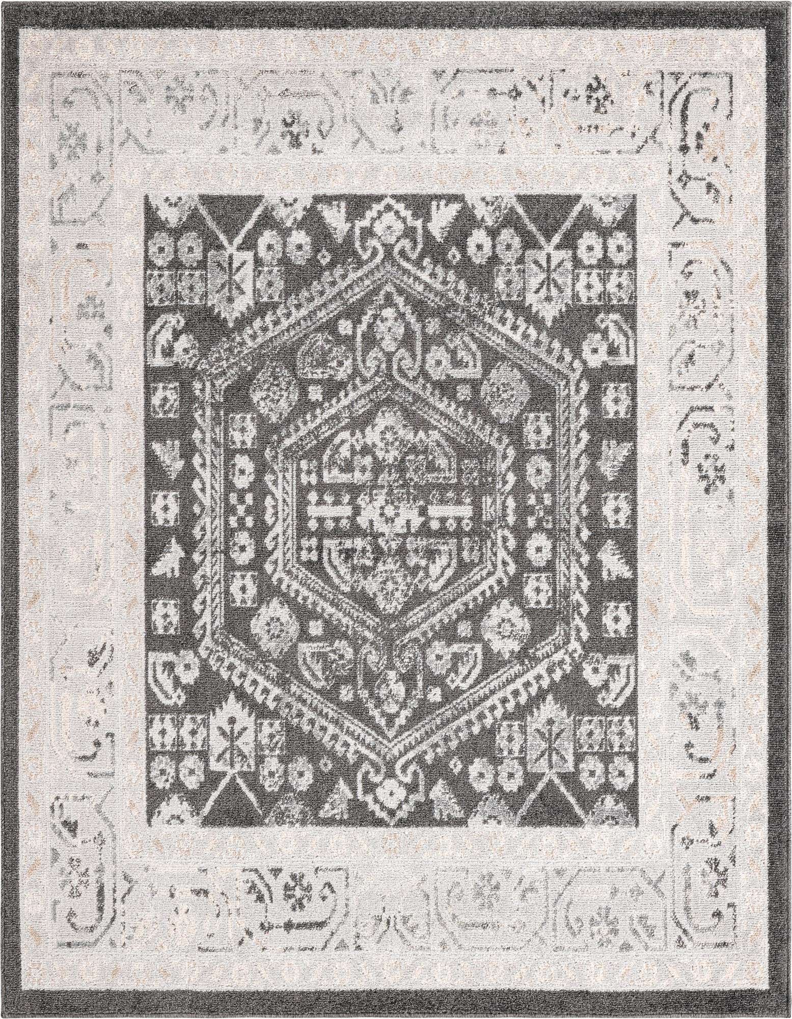 A 6'x6' square black and gray traditional medallion rug featuring intricate tribal and Victorian-inspired patterns.