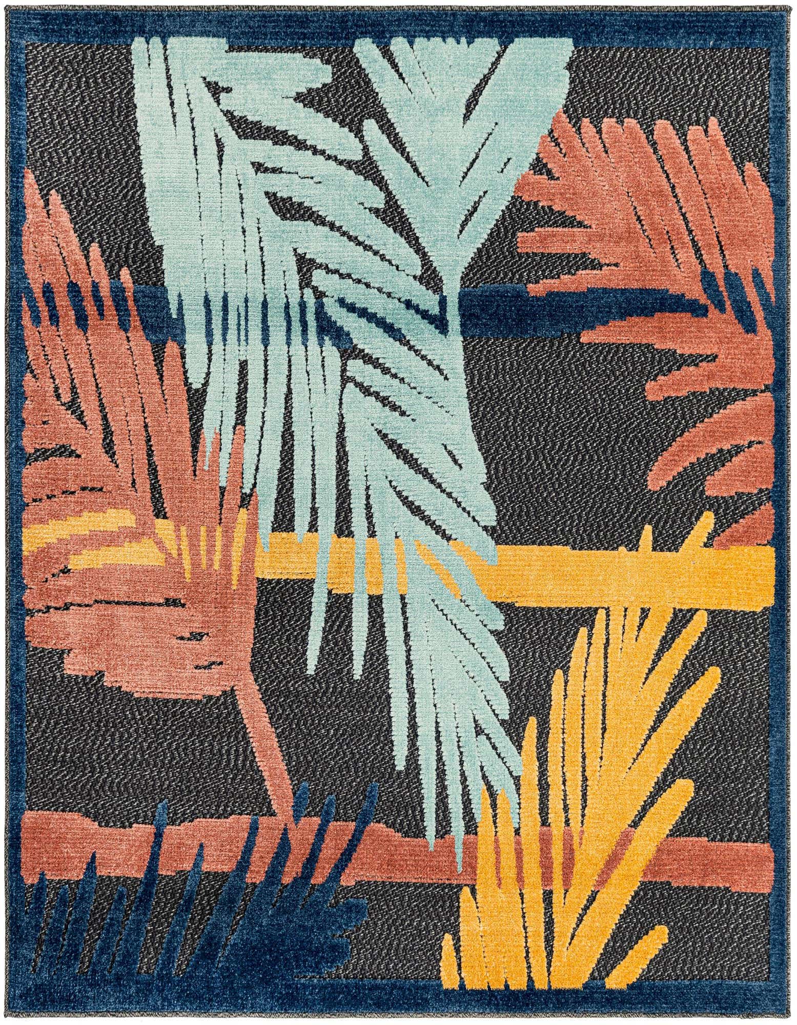 A 5'3" x 5'3" square black rug with a modern botanical pattern featuring large teal, coral, and yellow palm fronds, ideal for a patio.