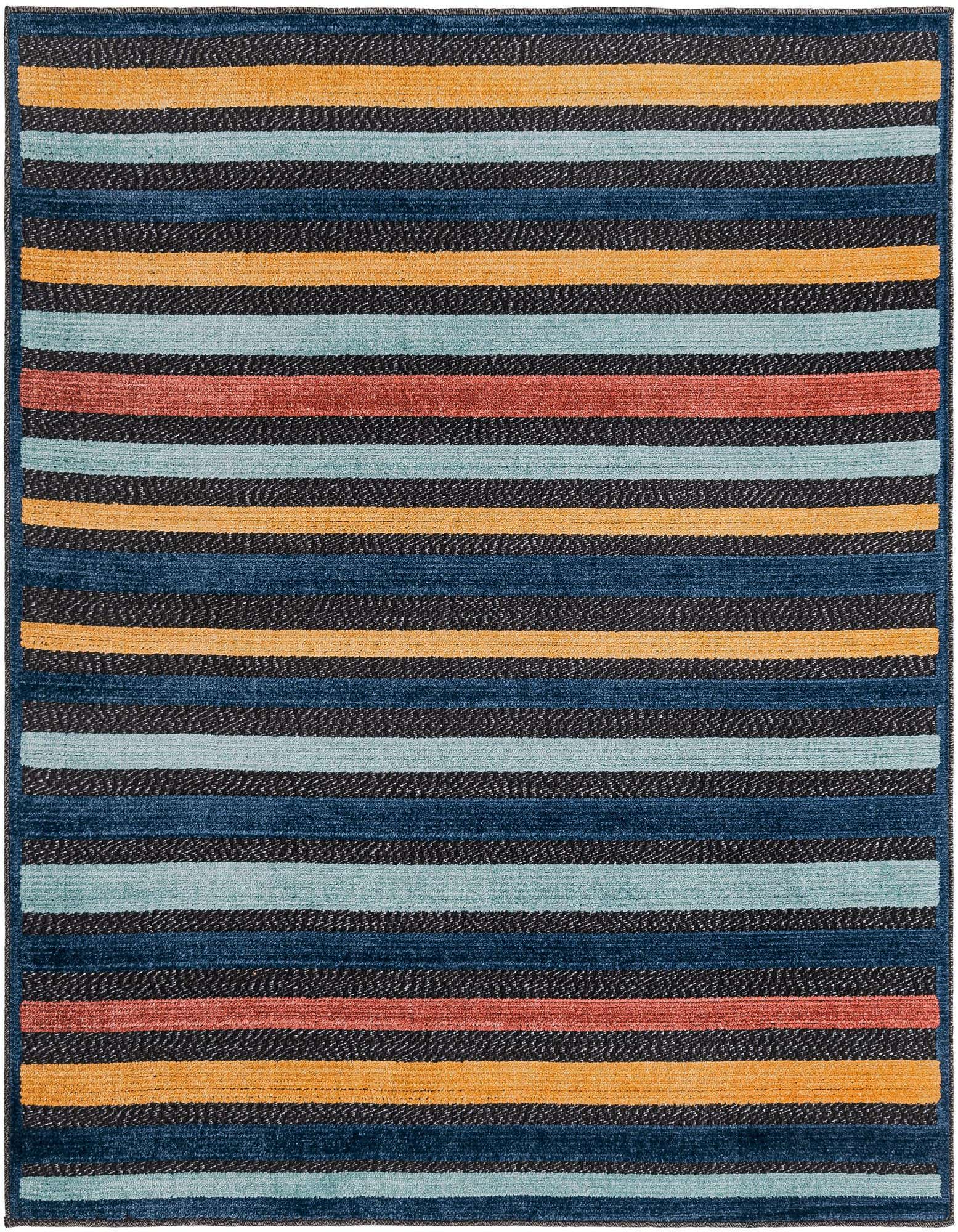 A 5'3" x 5'3" square Rugs.com Belize Outdoor rug featuring modern, bohemian stripes in black, gray, orange, blue, and light blue.