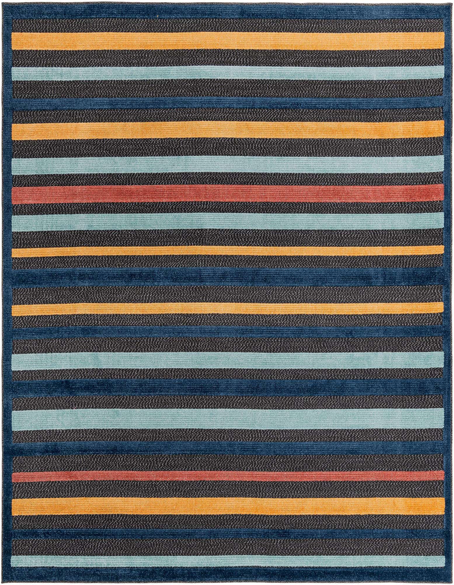 A square 7' 10 x 7' 10 Belize Outdoor rug featuring a modern stripe pattern in black, gray, orange, light blue, and dark blue, ideal for a patio.