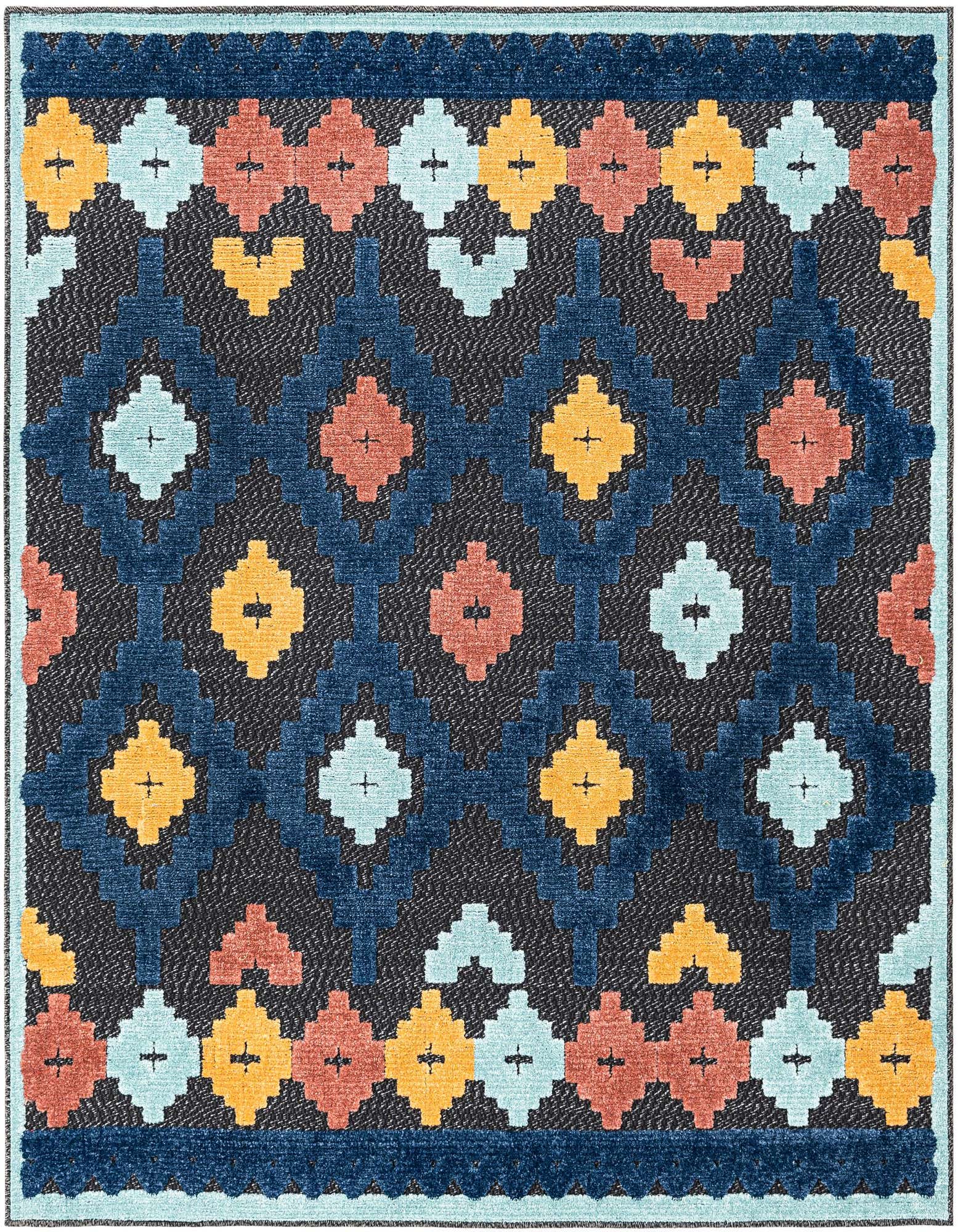 A 5'3" x 5'3" square black and gray outdoor rug with a colorful bohemian trellis pattern in blue, coral, and yellow.